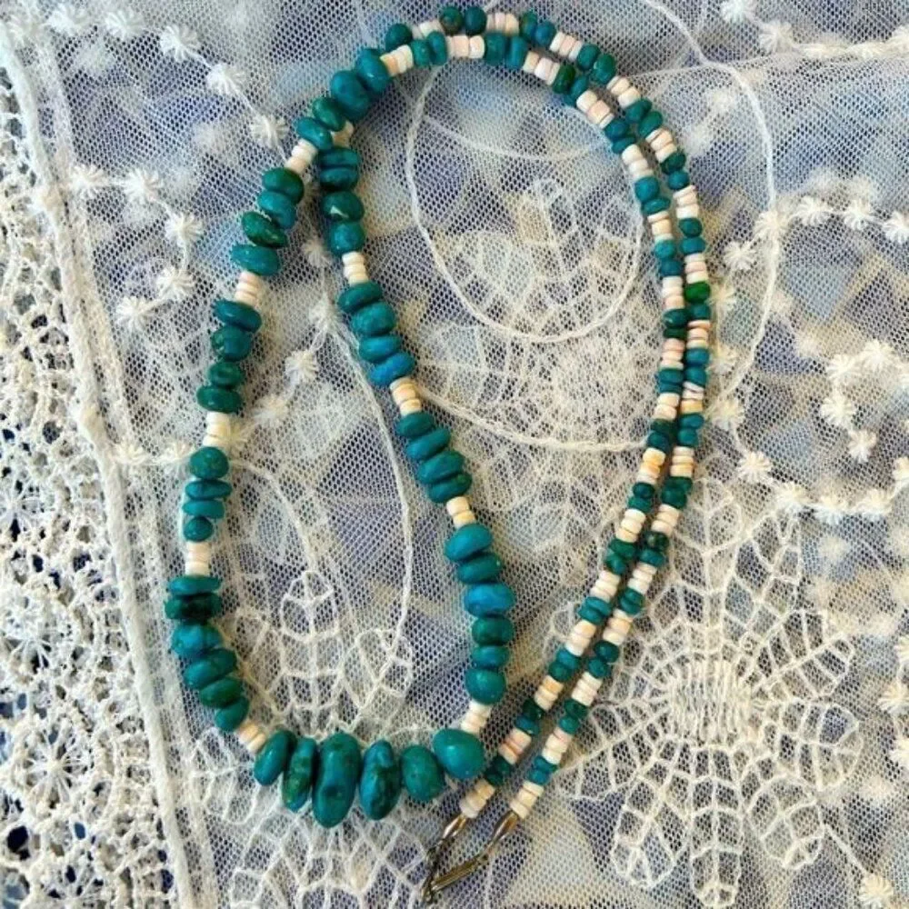 Vintage Turquoise nugget & Spiny Oyster Shell Heishi Necklace 30”